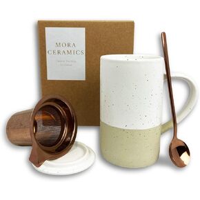 Mora Ceramics Tea Cup with Loose Leaf Infuser, Spoon and Lid, 12 oz, Microwave and Dishwasher Safe Coffee Mug - Rustic Matte Ceramic Glaze, Modern Herbal Tea Strainer - Great Gift for Women, Garnet