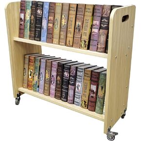 FixtureDisplays® Wood Book Cart Library Cart Pew Cart Magazine Rack Moving Cart Rolling Storage Cart 32X30X13" 10968-NEW