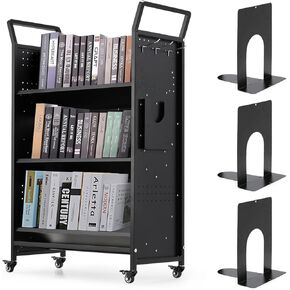 Book Cart with Wheels, 352LBS Rolling Bookshelf Utility Cart with V-Shaped Shelves,Hooks, Stands, Unilateral Placement, Single Sided Office Library Truck for Home School, 48.4''×31.5''×14.2''