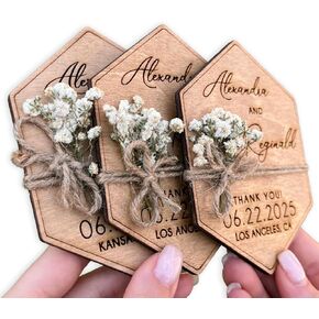 Wooden-Floral Personalized Wedding Favors for Guests, Wedding Party Favors Magnets with Envelopes and Stickers, Pack of 12 to 300 in Saudi Arabia