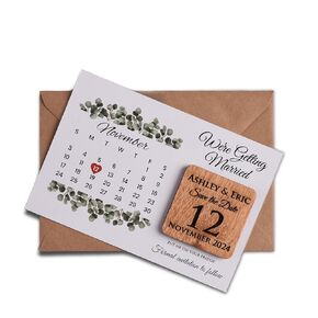 Customizable Calendar Save the Date Card & Wooden Magnet, Personalized Wooden Magnet Wedding Favors, Together with Kraft Envelopes and Clear Labels, Easy Personalization, 5 Different Color Options