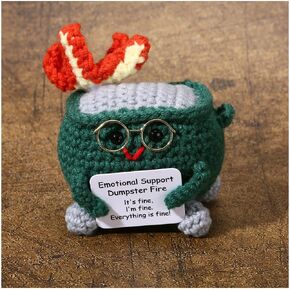Emotional Support Crochet Dumpster Fire with Positive Card Cute Room Decor Knitted Toys Funny Crochet Support Buddies Gifts for Friends (Green+Glass)