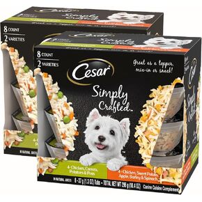 Cesar Simply Crafted Adult Wet Dog Food Meal Topper, Chicken, Carrots, Potatoes & Peas and Chicken, Sweet Potato, Apple, Barley & Spinach Variety Pack (8 Count, Pack of 2)