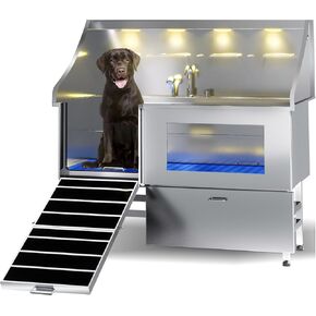 POLIMO Dog Washing Station, LED Professional Stainless Steel Dog Bathing Station, Dog Bathtub for Large, Medium & Small Dog, Dog Bathtub with Window, Ramp, Drawer, Floor Grate & Fauct （Left RAMP, 61"）
