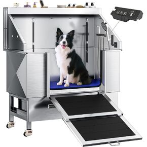 50" Dog Washing Station - 304 Stainless Steel, 27.4" Wide Ramp, Water-Storing Dog Bathing Station w/Swivel Wheels, Pet Proof Faucet, 2 Drawers, Dog Bathtub for Medium & Small Dogs