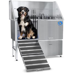 KANIS Professional Stainless Steel Dog Bathing Station - Grooming Tub w/Ramp, Storage Drawer, Floor Grate & Faucet/Dog Bathtub for Large, Medium & Small Pets (50", Left RAMP - 1 Drawer)