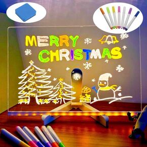Large Led Note Board with Colors,Led Light Up Acrylic Message Board,Led Drawing Writing Board,Led Illuminated Drawing Board Dry Erase Board with Stand and 7 Pens for Office School (11.8 * 7.87in)