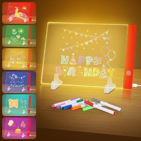 LED Drawing Board for Kids, LED Note Board, Dry Erase Board, 12"x8" with 6-Colors Neon Glow Light Up Acrylic Memo Message Board, Illuminated Acrylic Notepad with Touch Control.with Stand/Hanging