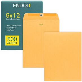 EnDoc 9 x 12 Clasp Envelopes - 500 Pack Brown Kraft Catalog Mailing Gummed Seal Envelope - 28lb Heavyweight 9x12 Inches Manila Envelopes for Home, Office, Business, Legal or School