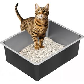 Ohtomber Stainless Steel Litter Box - Metal High Sided Cat Litter Box Pan, Never Absorbs Smell, Easy to Clean Non Stick Cat Litterbox Tray Toilet Pet Supplies for Indoor Kitty, Kitten, Rabbit, Puppy