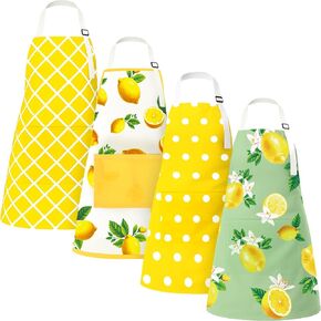 90shine 4Pcs Lemon Aprons with Pockets for Kids: Kitchen Baking Cooking Adjustable Apron, Lemonade Costume Accessories Holiday Decorations Party Supplies Decor