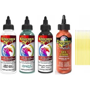 Unicorn SPiT Gel and Glaze Stain Celebration Collection: 4, 4oz. Bottles with Trebbies Detail Sticks (Zia Teal, Purple Hill Majesty, Pixie Punk Pink, Zeus Gold)