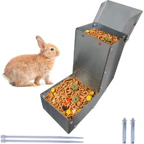 Outdoor Small Animal Stainless Steel Gravity Feeding Trough Pet Feeder Durable with Lid Cage Rabbit Feeder Holds Several Days Worth of Food (4 Inch
