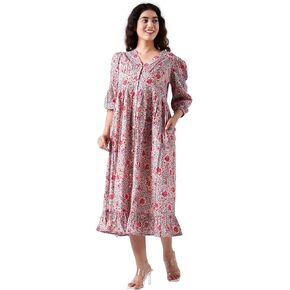 Indigo Bloom V-Neck Cotton Boho Midi Dress with Pockets Handmade Summer Beach Dress in Saudi Arabia