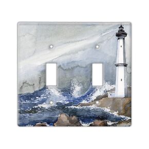 Decorative Wall Switch Cover Plate - Coastal Lighthouse Decor Switch Plate - Beautiful Illustration With Dark Blues, Whites, Greys, and Browns (Single Rocker Switch Cover)