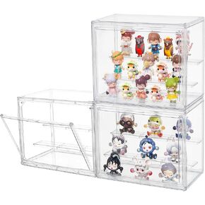 Acrylic Display Case,4 Pack 3 Layer Clear Display Case Adjustable Display Box Stand with 2 Movable Dividers Small Showcase Magnetic Door for Collections Mini Figures