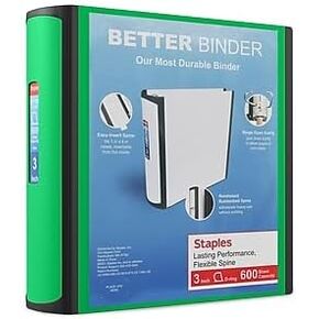 Staples 3-inch 3-Ring Better Binder, Green, 2/Pack (ST55894-CCVS)
