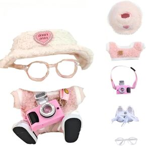 Clothes for labub, 5-Piece 17cm Clothes for labub Set with Accessories – Includes Light Pink Velvet Heart Hat, Mini Camera, Glasses & Canvas Shoes (Doll Not Included)(A)