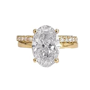 Oval cut Moissanite And Round Cut Sides Engagement Ring And Matching Band 14k Solid Yellow Gold Bridal Ring Solitaire Wedding Ring 3.30ctw (14K Yellow Gold, 4.0)