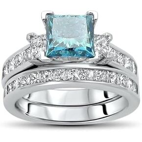 Princess Cut London Blue Topaz Ring, 2.30 Ct, Wedding Engagement Set, 14K White Gold Finish, 925 Sterling Silver (7)