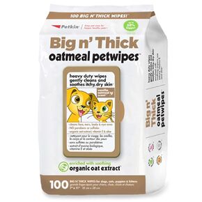 Petkin Pet Wipes for Dogs and Cats, Oatmeal, 100 Wipes (Large) for Dogs and Cats - Soothes Itchy Dry Skin and Cleans Ears, Face, Butt, Body and Eye Area - Idea for Home and Travel