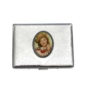 Stainless Steel WESTERN COWGIRL ON HORSES Cigarette Case Business Card ID Holder /C2
