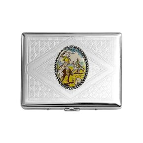 Stainless Steel WESTERN COWBOYS ON HORSES Cigarette Case Business Card ID Holder /C3