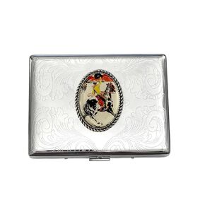 Stainless Steel WESTERN COWBOYS ON HORSES Cigarette Case Business Card ID Holder /C2