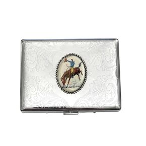 Stainless Steel WESTERN COWBOYS ON HORSES Cigarette Case Business Card ID Holder /C0