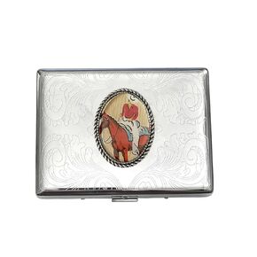 Stainless Steel WESTERN COWBOY ON HORSE Cigarette Case Business Card ID Holder /C0