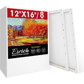 ESRICH 12x16 Stretched Canvas for Painting, 8 Pack Blank Canvases for Painting -5/8 in Profile Primed Cotton Painting Canvas for Oil & Acrylic Paint
