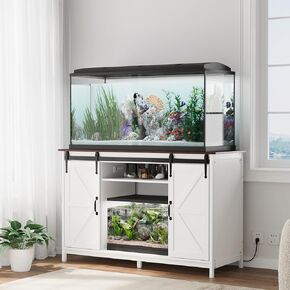 VOWNER Farmhouse 55-75 Gallon Fish Tank Stand with Power Outlet, Aquarium Stand with Storage Cabinet and Sliding Barn Door, Heavy Duty Reptile Tank Stand, for 2 Tanks, 1000LBS Capacity, Grey