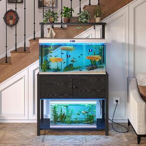 40-50 Gallon Fish Tank Stand with LED Light Power Outlets, Heavy Duty Aquarium Stand with Storage Shelf and Hooks, Metal Rack for Turtle Lizard Reptile Terrariums, 37" L*19" W, 660LBS Capacity, Black