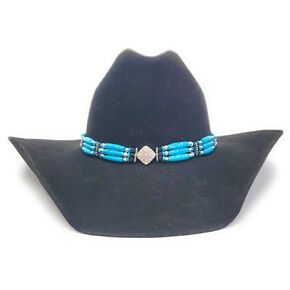 Western Cowboy Hat Band with Turquoise Hairpipe Beads and Metal Diamond Centerpiece - Handmade