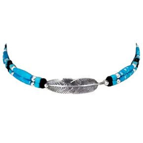 Handmade Western Cowboy Hat Band with Turquoise Bone Hairpipe and Silver Beads with Silver Metal Feather