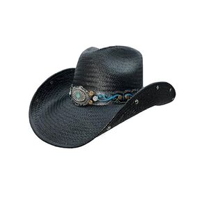 Black Straw Cowboy Hat for Women, Durable Cowboy Hat, Western Hat Straw, Handmade Hat, Teal Accents, Silver Concho, Cowgirl Hat, Cowboy Hat USA, Jane (Large)