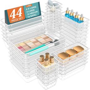 WOWBOX 44 PCS Clear Plastic Drawer Organizer Set, 4 Varied Size storage Bins and Desk Drawer Organizer Trays for Makeup, Gadgets, Jewelry and Utensils in Bathroom, Bedroom and Office, Clear Black