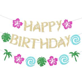 Hawaiian Moana Birthday Banner Party Decoration Glittery Gold for Happy Birthday Tropical Luau Summer Baby Shower Decor