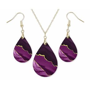Magenta Plum Purple Earrings and Necklace Set for Women Dangle Teardrop Gift for Mom Grandma Handmade from The Painted Pug (Lg Plum Set)
