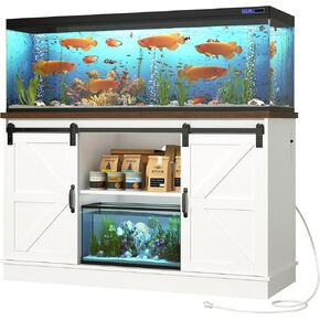 Farmhouse 55-75 Gallon Fish Tank Stand with Power Outlet, Aquarium Stand with Cabinet&Sliding Barn Door, Heavy Duty Reptile Tank Stand for 2 Fish Tank/Turtle Tank/Reptile Terrarium, Grey
