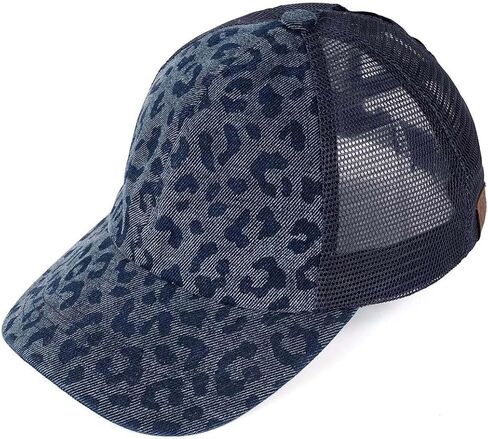 C.C Ponytail Criss Cross Messy Buns Ponycaps Baseball Cap Dad Trucker Mesh Hat (Stone Washed Leopard Denim) in Kuwait