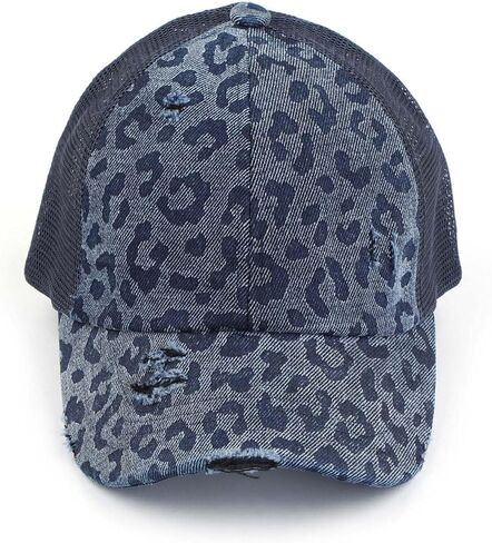 C.C Ponytail Criss Cross Messy Buns Ponycaps Baseball Cap Dad Trucker Mesh Hat (Stone Washed Leopard Denim) in Kuwait