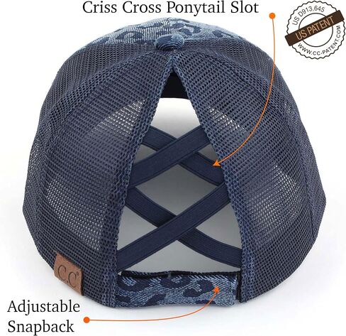 C.C Ponytail Criss Cross Messy Buns Ponycaps Baseball Cap Dad Trucker Mesh Hat (Stone Washed Leopard Denim) in Kuwait