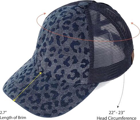 C.C Ponytail Criss Cross Messy Buns Ponycaps Baseball Cap Dad Trucker Mesh Hat (Stone Washed Leopard Denim) in Kuwait