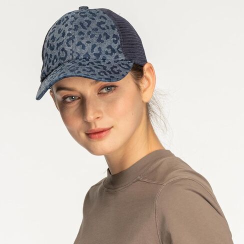 C.C Ponytail Criss Cross Messy Buns Ponycaps Baseball Cap Dad Trucker Mesh Hat (Stone Washed Leopard Denim) in Kuwait
