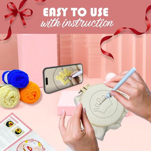 مجموعة أدوات Punch Needle للمبتدئين البالغين Easy Needle Punch Punch Termbroidery Set بما في ذلك Threader تعليمات Fabric Hoop Yarn Coaster Making Making Supplies ، مجموعة من 8 80s Art Crafts Gifts in Kuwait