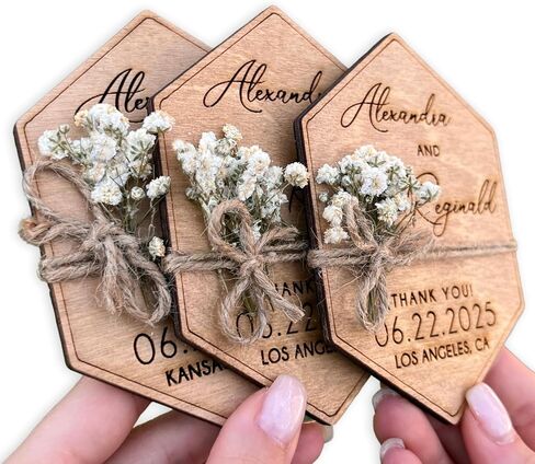 Wooden-Floral Personalized Wedding Favors for Guests, Wedding Party Favors Magnets with Envelopes and Stickers, Pack of 12 to 300 in Saudi Arabia