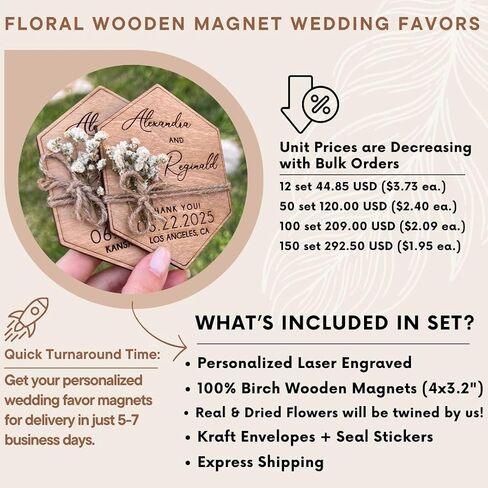Wooden-Floral Personalized Wedding Favors for Guests, Wedding Party Favors Magnets with Envelopes and Stickers, Pack of 12 to 300 in Saudi Arabia