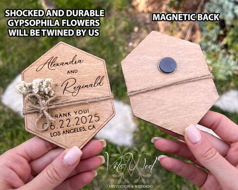 Wooden-Floral Personalized Wedding Favors for Guests, Wedding Party Favors Magnets with Envelopes and Stickers, Pack of 12 to 300 in Saudi Arabia