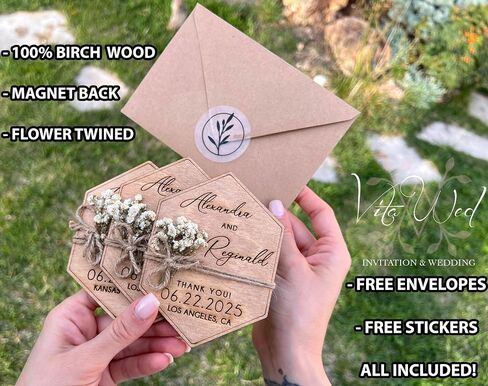 Wooden-Floral Personalized Wedding Favors for Guests, Wedding Party Favors Magnets with Envelopes and Stickers, Pack of 12 to 300 in Saudi Arabia